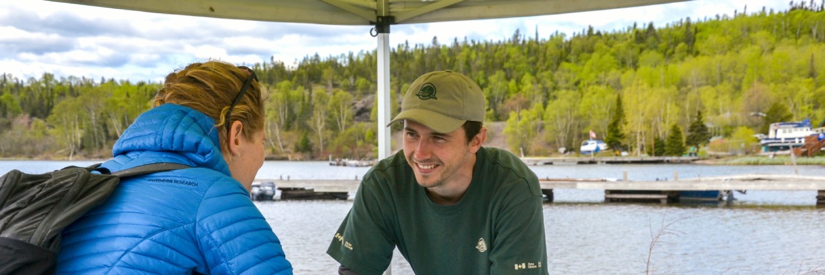 An interpretive booth on the shores of Lake Superior National Marine Conservation Area.