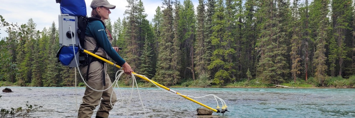 A Parks Canada staff person uses a long rod and tubing attached to their special backpack in the water. A large round container is in the water next to them.