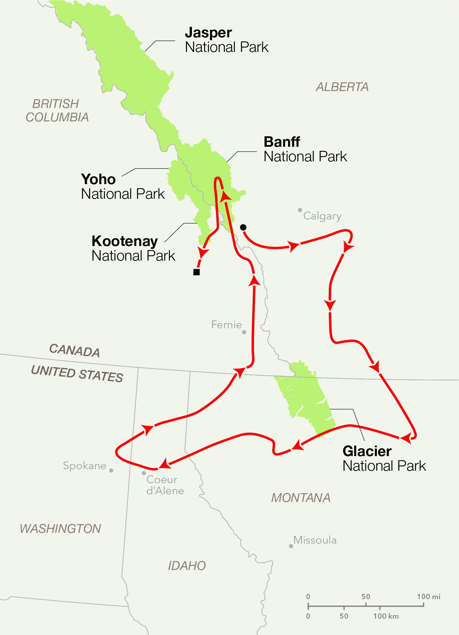 Map of central U.S. and Canada, showing the route of Pluie the wolf (in red). 