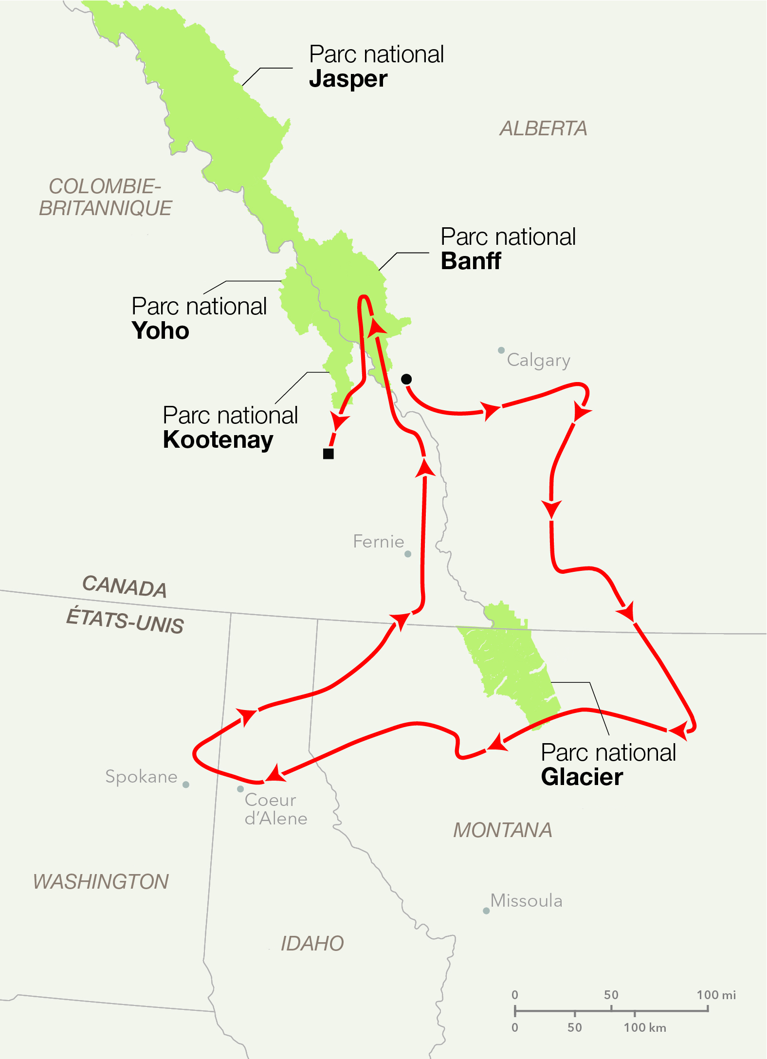 Carte du centre des États Unis et du Canada, montrant l’itinéraire de Pluie le loup, en rouge. 