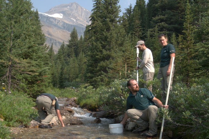 Un petit groupe d'employés de Parcs Canada installe un système de perches et de seaux dans un ruisseau rocheux qui se jette dans un lac.