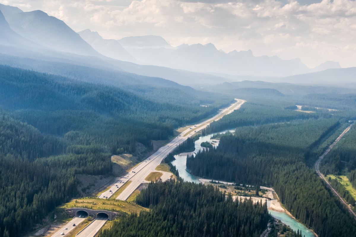 An aerial view of a forested mountainous valley with a river winding through it. A twinned highway and a secondary road also run through it. A wildlife overpass spans over a section of the 4-lane highway.