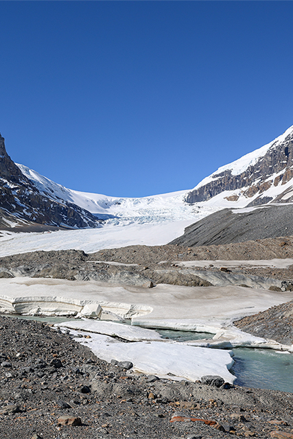 Le glacier Athabasca dans le parc national Jasper avec ses sommets et un lac de fonte.