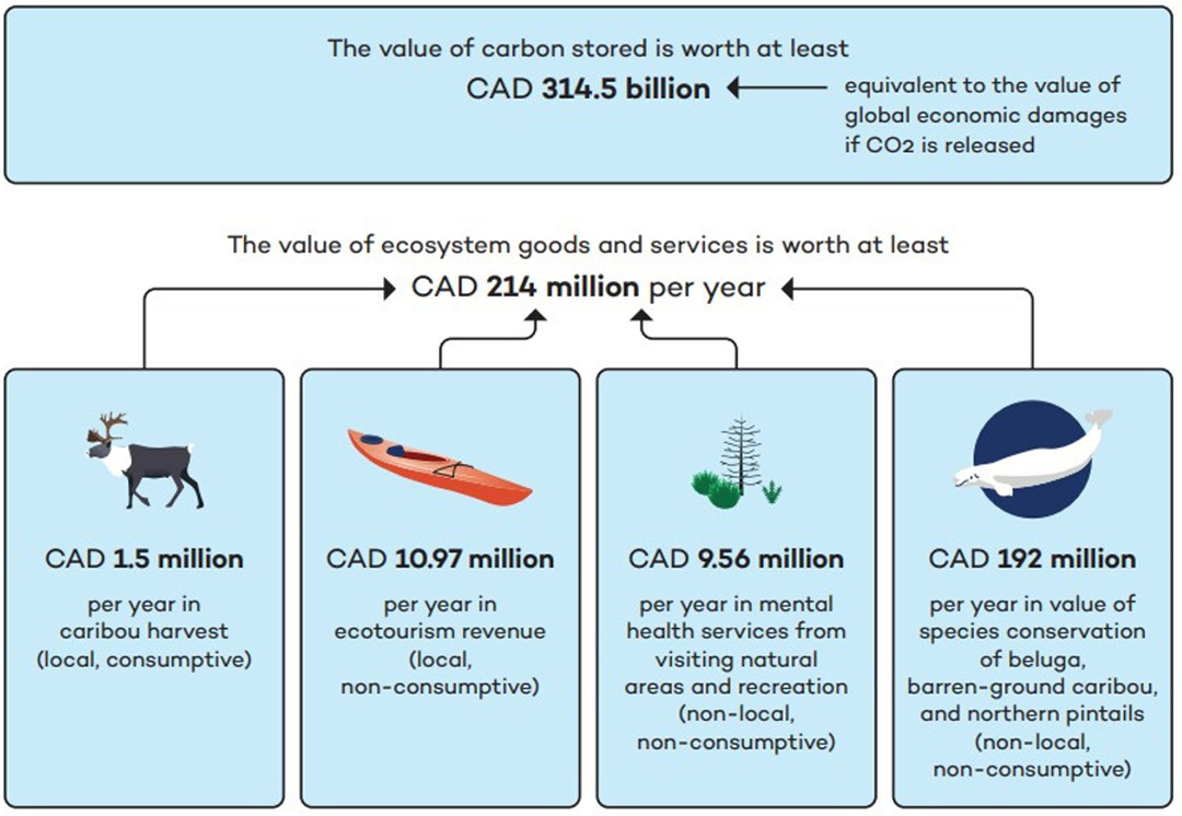 The value of Ecological Goods and Services and carbon storage, in CAD 2020 (from IISD 2022).