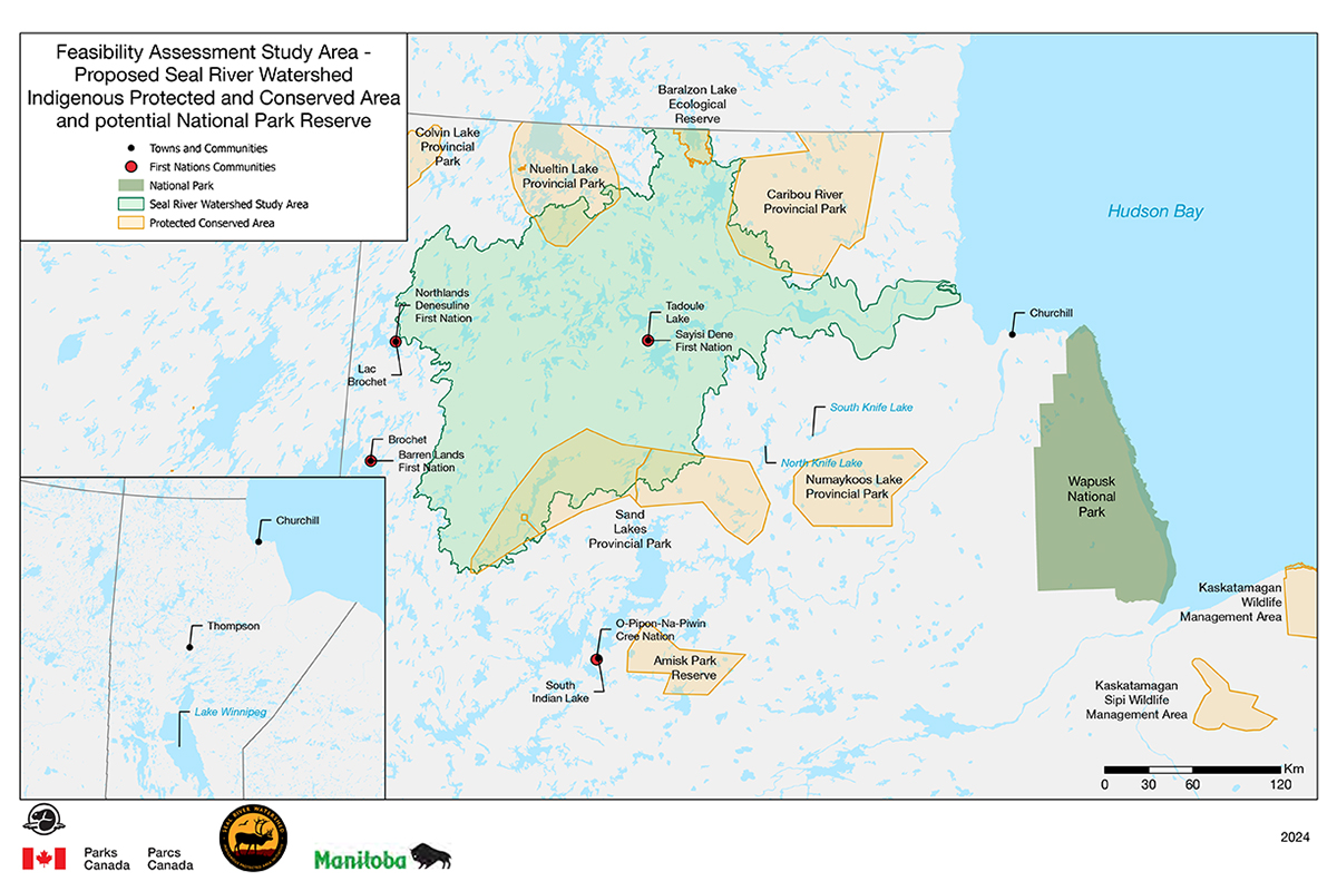 Feasibility assessment study area for the proposed Indigenous protected area and national park reserve encompassing the Seal River Watershed in northern Manitoba.