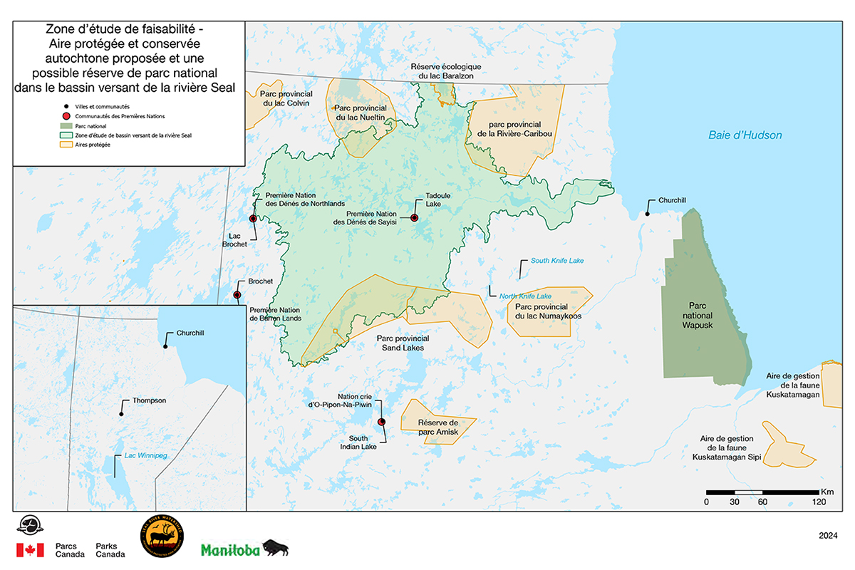 Zone d’étude de faisabilité pour le projet d’aire protégée autochtone et de réserve de parc national englobant le bassin versant de la rivière Seal dans le nord du Manitoba.