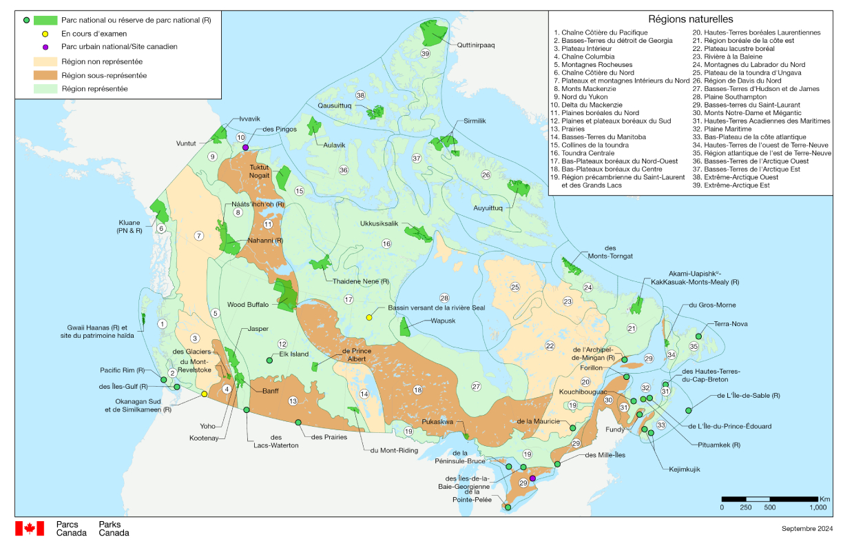 Carte des parcs nationaux, des réserves de parc national et des propositions de parcs nationaux en cours au Canada