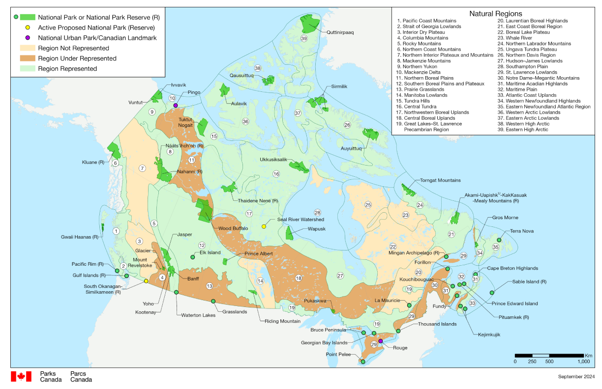 Map of national parks and national park reserves in Canada