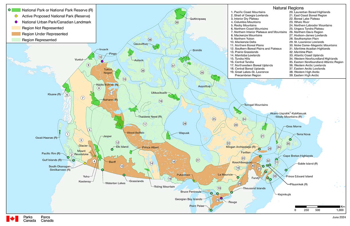 Map of national parks and national park reserves in Canada