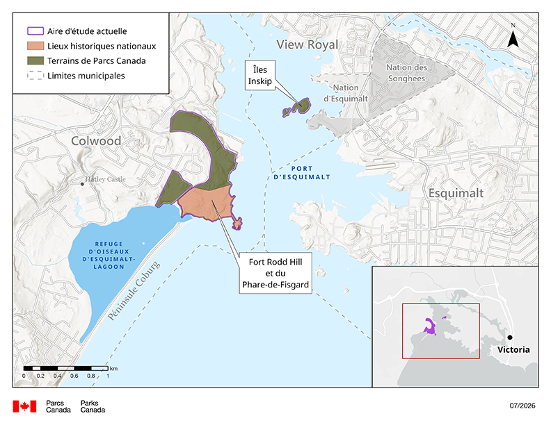 Figure 1 – Aire d’étude actuelle du projet de parc urbain national dans la région de Victoria, version textuelle suit.