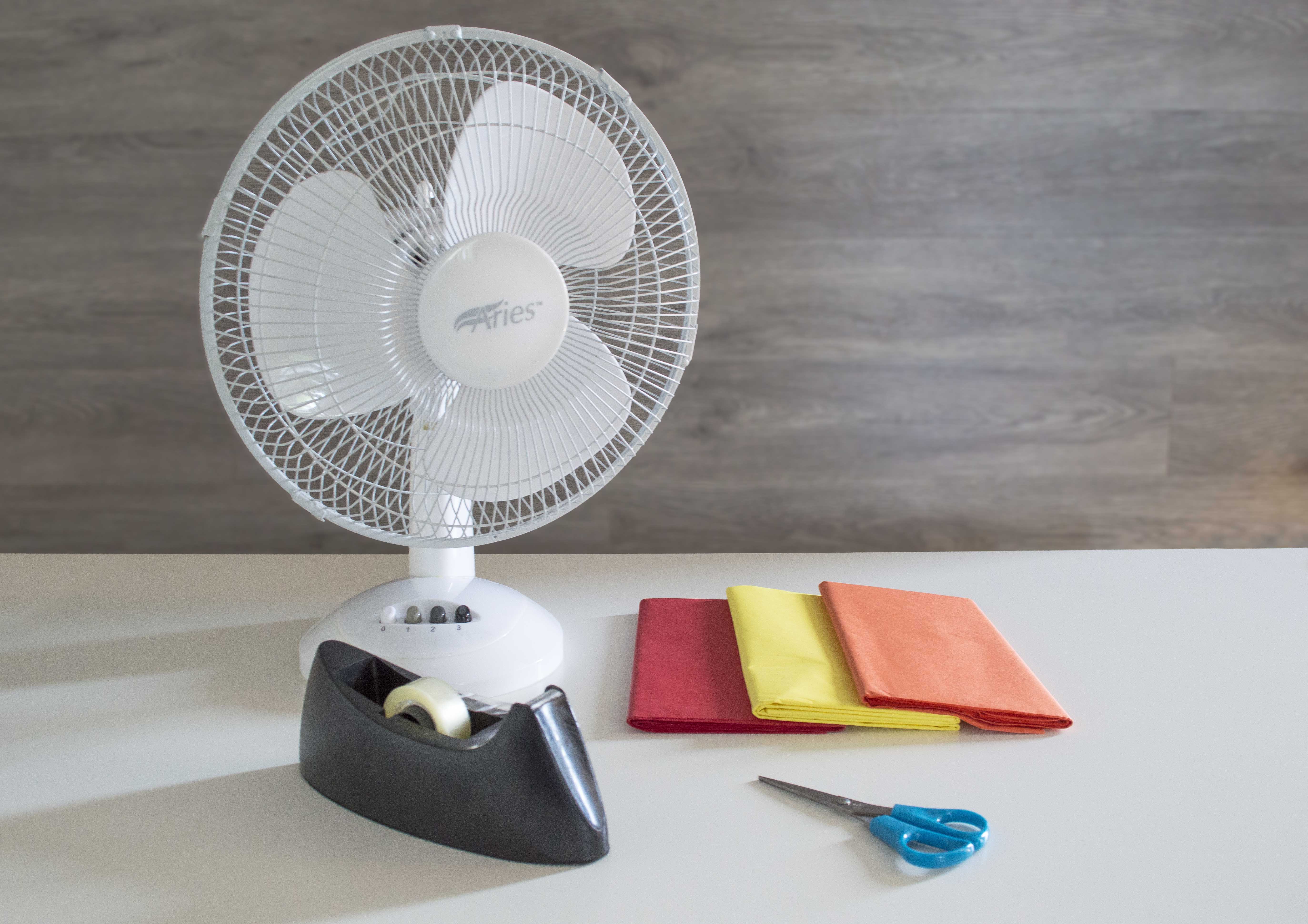 Fan, scisscors, tap and tissue paper