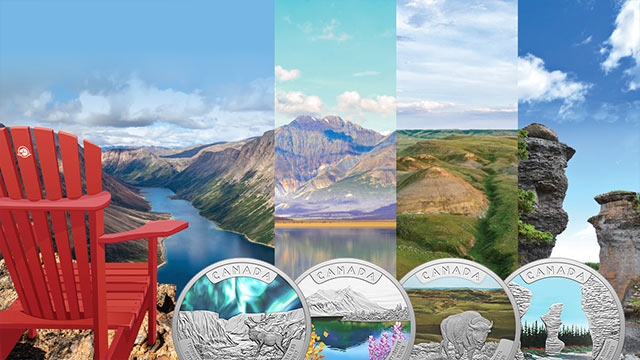 Four silver Canadian coins depict partially coloured landscapes next to a red chair. Behind is a composite image of the four landscapes.