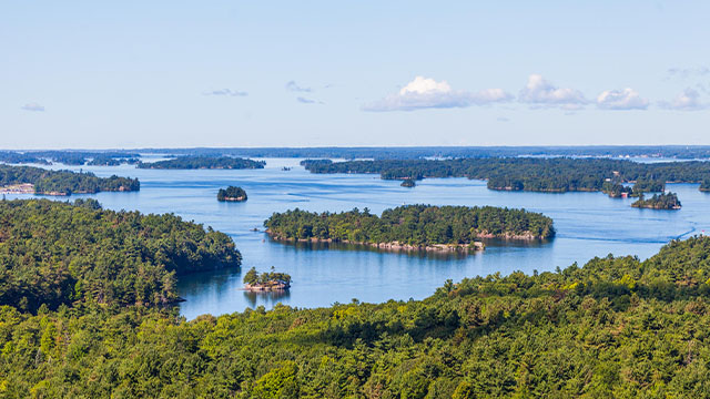 Many, small, tree-filled islands surrounded by bright blue water in the Thousand Islands.