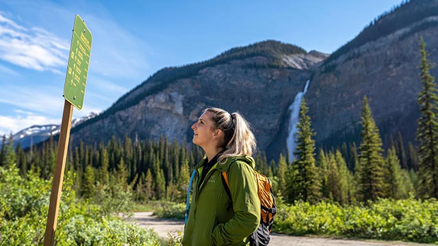 A female visitor reads a trail sign in front of Takakkaw Falls on a beautiful, sunny, spring day.