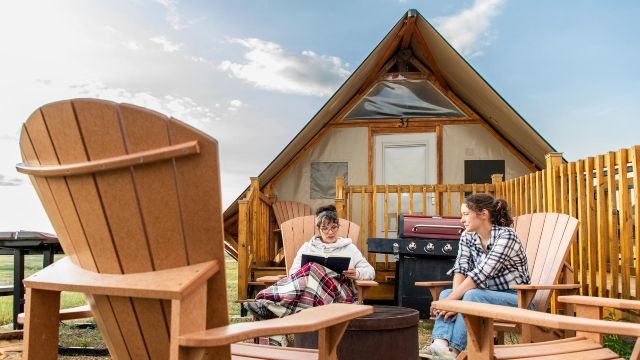 Mother and daughter enjoying the tranquility of an oTENTik in Grasslands.