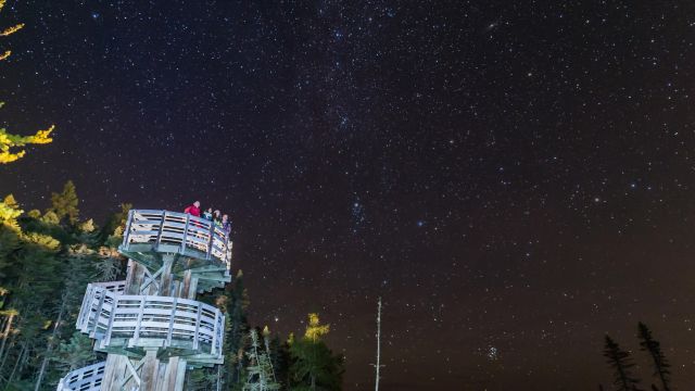 Visitors observing the stars atop the Bog trail tower in Kouchibouguac.