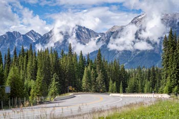 The Banff-Windermere Highway is bordered by the trees and mountains of Kootenay National Park.