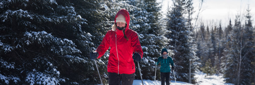 Deux jeunes adultes font du ski en forêt.