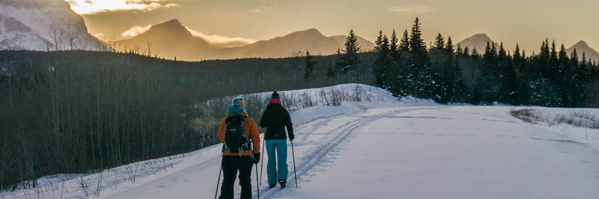 Visitors cross-country ski on Chief Mountain Highway.