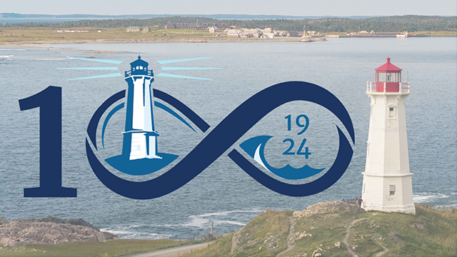 A lighthouse on the sea with a logo that has a 1 and the infinity symbol (number 100), a lighthouse, and the year 1924 in it