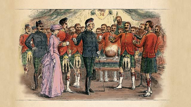 An illustration of Victorian Christmas celebration: with soldiers, a woman, and a feast. 