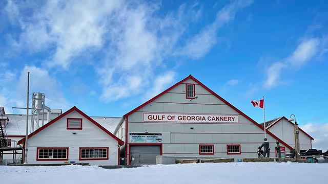 The buildings at the Gulf of Georgia Cannery National Historic Site in winter.