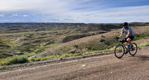 A car drives along the scenic Backcountry Loop road, surrounded by golden grassland hills. 