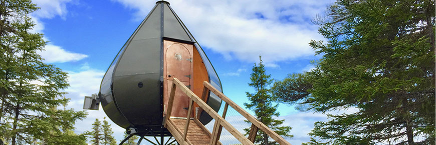 A Parks Canada Ôasis accommodation installed in the forest canopy with an access ramp. Blue sky background.