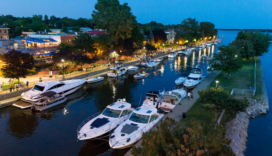 Boats moored at the locks of Sainte-Anne-de-Bellevue Canal.