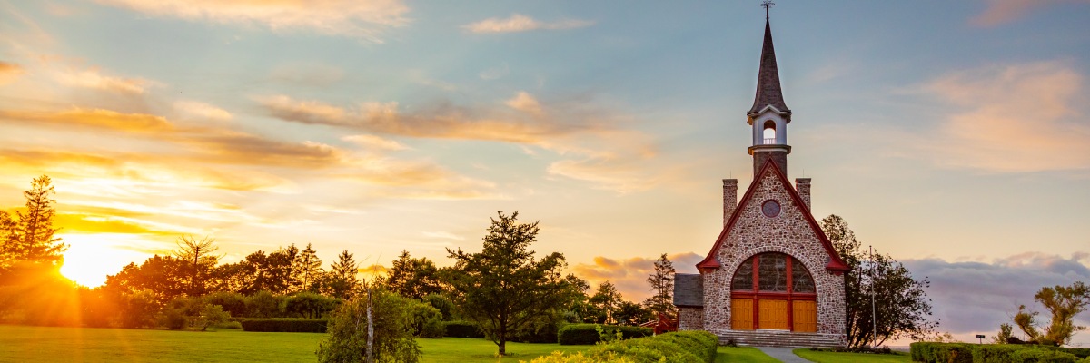The Grand-Pré Memorial Church at sunset, in Grand-Pré National Historic Site.
