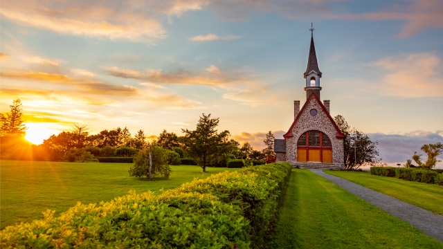 The Grand-Pré Memorial Church at sunset, in Grand-Pré National Historic Site.