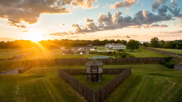 Aerial view of Fort George National Historic Site at sunset.