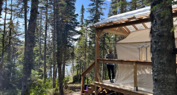 A women is enjoying the view of the ocean from an accommodation situated in the forest.