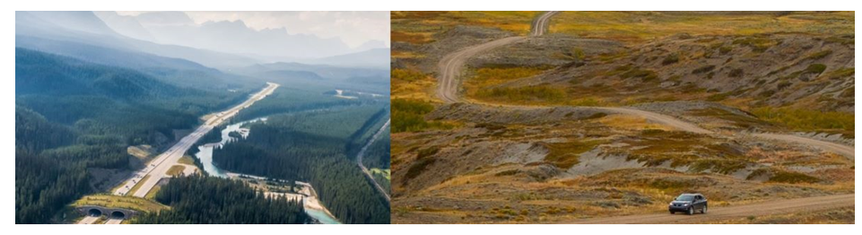 La taille, le revêtement et le débit de circulation des routes de Parcs Canada, de même que le relief et le climat là où elles sont situées, varient grandement.