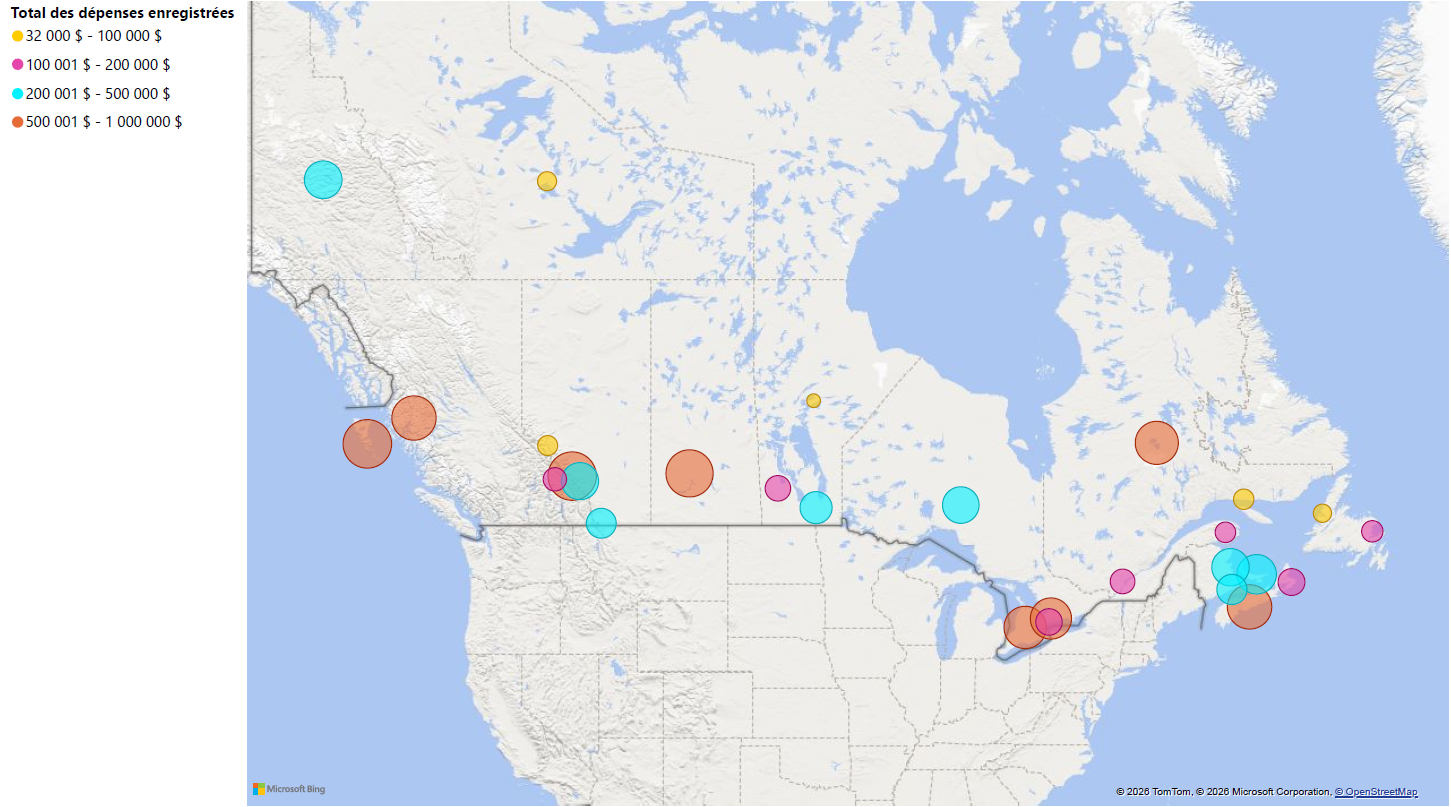 Figure 3 : Carte des emplacements des projets par unité de gestion, représentant les dépenses totales enregistrées (de 2018-2019 à 2024-2025) - Version textuelle ci-dessous