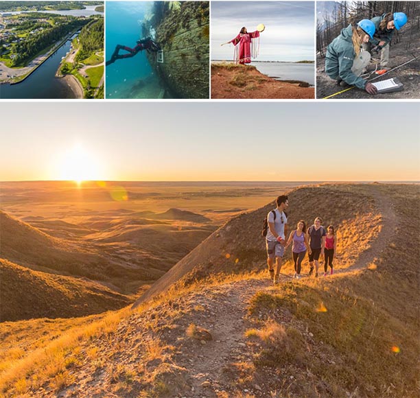 Five images: A canal, A diver on a shipwreck, A woman with a hand drum standing on a shore, Two Parks Canada employees in a forest, A group of four hiking a trail in the Prairies.
