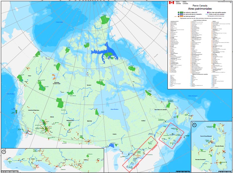 Carte des aires patrimoniales de Parcs Canada