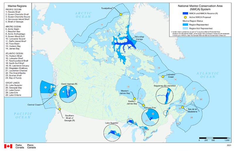 A map of the national marine conservation areas (NMCAs) of Canada