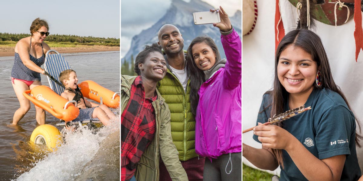 A family with accessibility needs enjoys a swim in the ocean with a beach wheelchair at Stanhope Beach, A group of millennials take a selfie at the shores of Vermillion Lakes, A Parks Canada interpreter shows visitors Indigenous artifacts as part of the Anishinabe cultural workshop program.