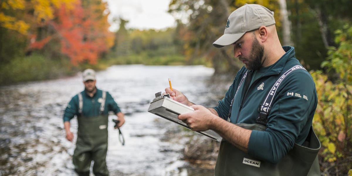 Resource conservation staff take measurements in the river for the fresh water invertebrates project