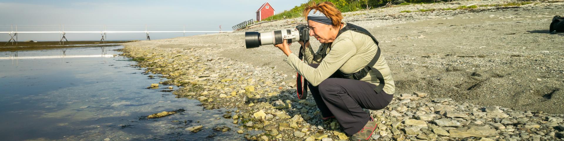Une dame photographie les oiseaux marins sur le littoral de calcaire de l’île aux Perroquets.