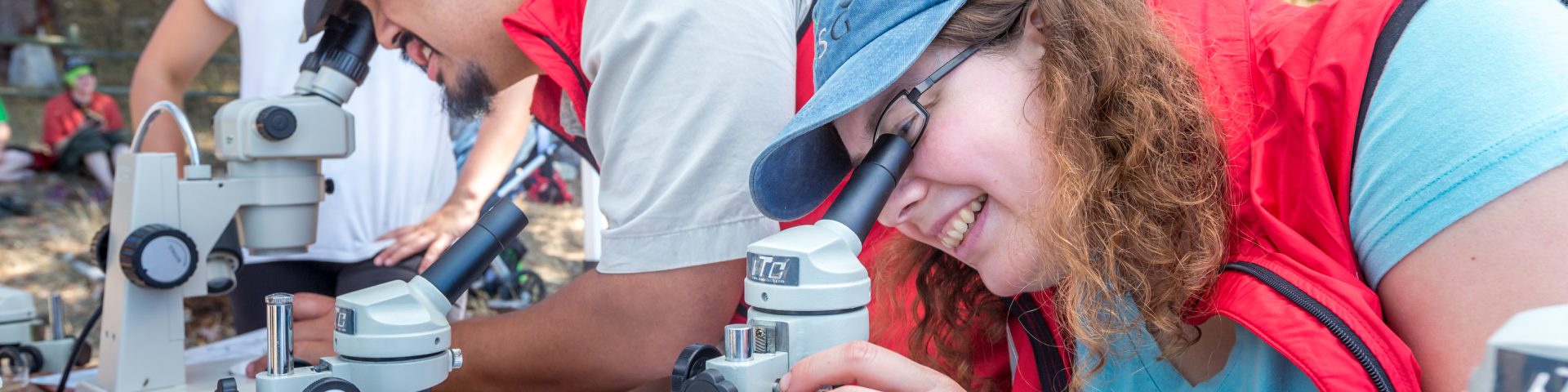 Volunteer scientists use microscopes to examine organisms too small to identify with the naked eye during the summer 2016 BioBlitz event held on Sidney Island.