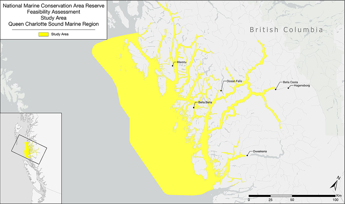 Feasibility assessment study area for the national marine conservation area Reserve in the Queen Charlotte Sound marine region, British Columbia