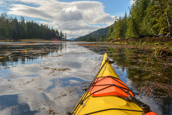 The front of a kayak points down the Burnaby Narrows