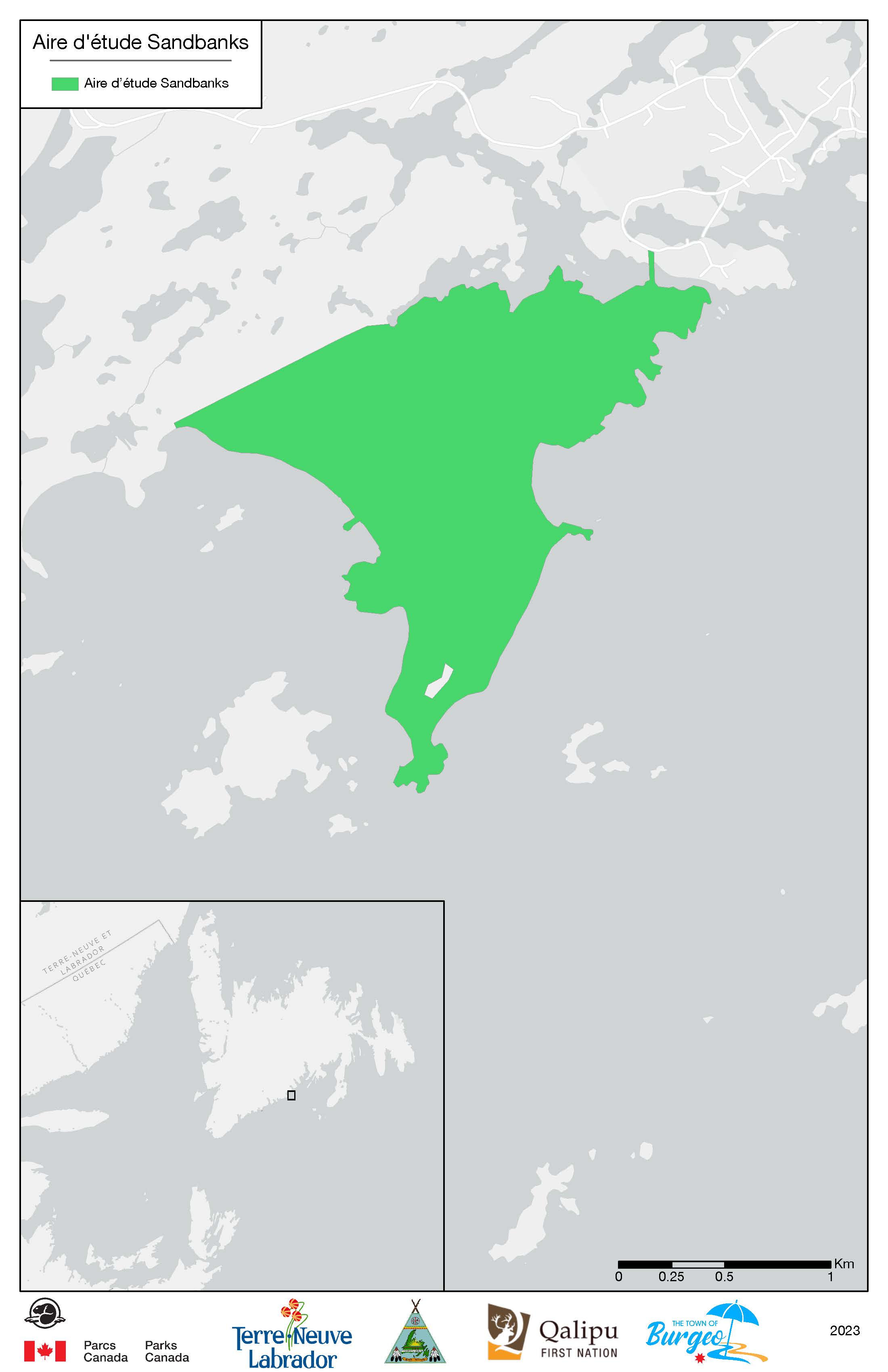 L'aire d'étude de l'évaluation de faisabilité pour le projet de parc national dans les fjords de la côte sud de Terre-Neuve. La version textuelle suit.