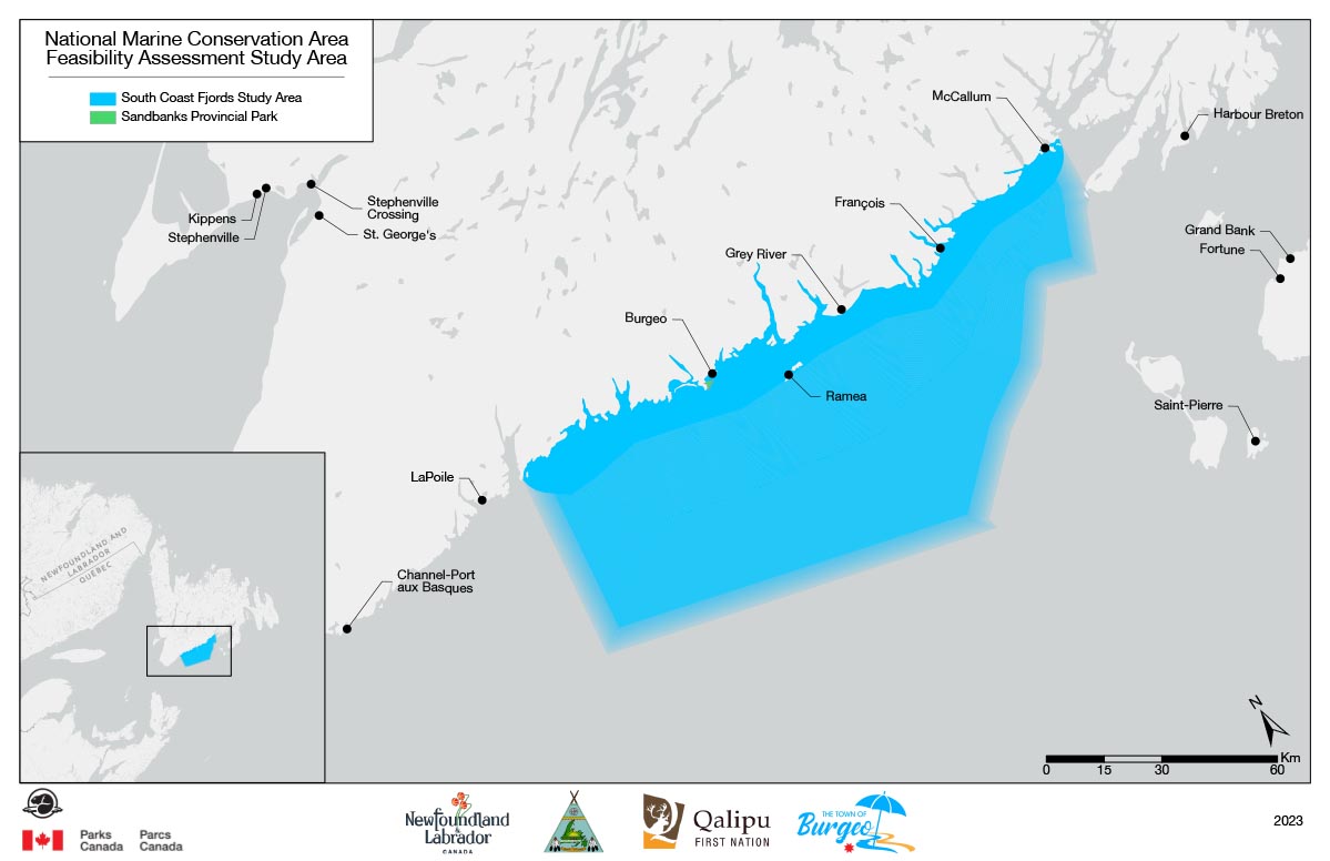 Feasibility assessment study area for the national marine conservation area in the Laurentian Channel marine region, Newfoundland — text version follows.
