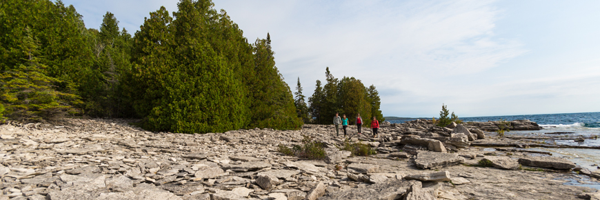 Quatre personnes marchent le long d'un rivage rocheux