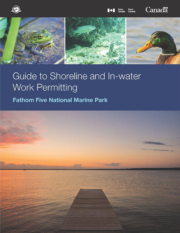 Cover image of a booklet titled Guide to Shoreline and In-water Work Permitting with photos of a frog, duck, fish and dock at sunset.