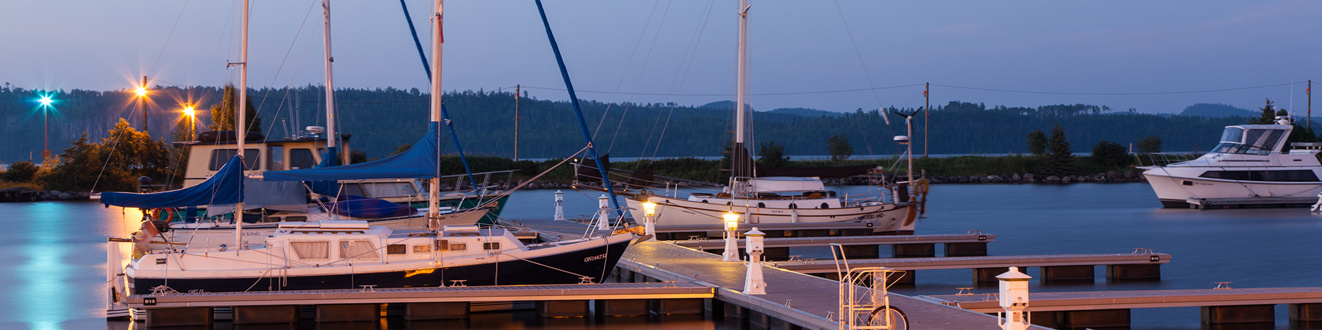 A group of boats docked at a marina.