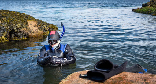 Un homme équipé d'un masque et d'un tubas est dans l'eau. Sa tête et le haut de son corps sont à la surface. 